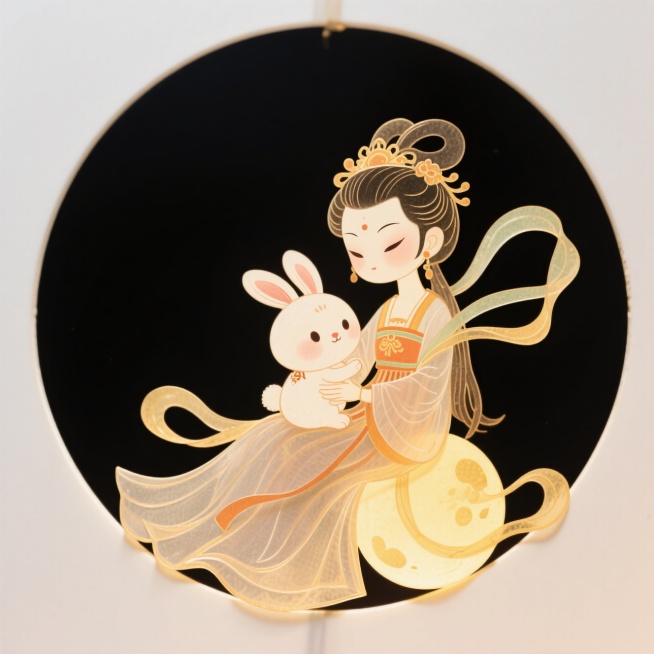 Q版风格：清瘦活泼的嫦娥怀里抱着月兔坐在月亮上，白色背景，完整展示预览效果