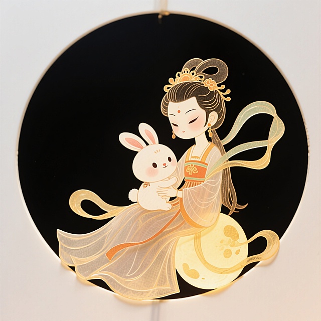 梦幻国潮插画风，可爱嫦娥抱玉兔，中秋佳节拟人设计。
