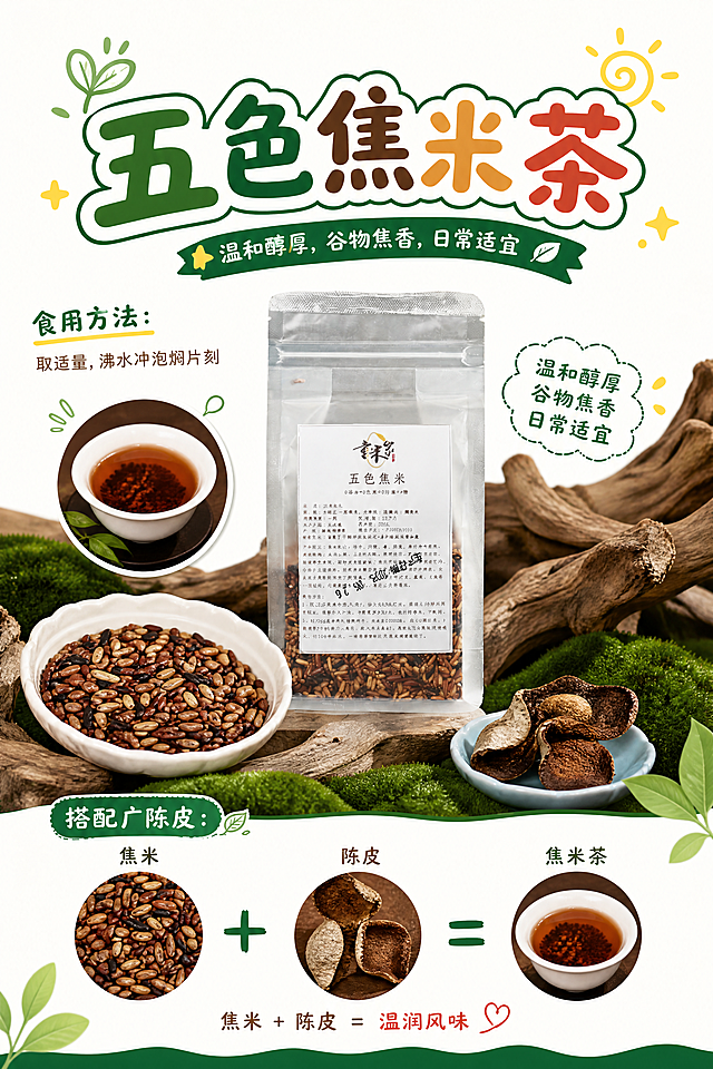养生小贴士海报，主题为五色焦米茶，画面风格活泼轻松，使用可爱字体，文字简洁。包含焦米茶功能及用法："五色焦米茶
食用方法：取适量，沸水冲泡焖片刻
温和醇厚，谷物焦香，日常适宜
搭配广陈皮：
焦米 + 陈皮 = 温润风味
焦米图案 + 陈皮图案 = 焦米茶图案，呈现这个加法等式"。画面比例A4，主色调#0F7039，背景白色，点缀色#FFE200、#FF0000。整体版式精美，分区清晰，写实商业摄影风格，包含五色焦米茶产品实物图，摆放于画面中部，文字不遮挡产品主体，整体干净清爽，留白充足。100%还原产品外形和包装，以上传商品图为准。