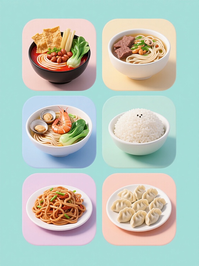 纯色背景下的软3D风格美食系列海报，采用六宫格规整排布设计，每个格子为不同美食，左上角为黑色碗装螺蛳粉，红油汤底，搭配炸腐竹、酸笋、青菜、花生，右上角是牛肉粉，左中为白色瓷碗装海鲜面，汤色清亮，有虾、贝类、青菜、面条，右中为米饭，左下角是一盘炒米粉，右下角为白色盘子装的水饺，饺子饱满且排列整齐，整体画面色彩变换为清新明快的马卡龙色系，每个美食格子采用不同主色调，保持软3D的圆润质感和简洁光影，突出食物的立体感和细节，无文字、LOGO及其他多余元素，信息传达高效，符合美食宣传的视觉吸引力。
