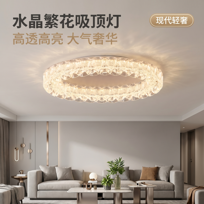 [主图 1] 水晶繁花吸顶灯现代轻奢风客厅开灯氛围首图。
[氛围风格] 现代轻奢，大气奢华，温馨居家灯光氛围
[画质] 商业摄影质感，光线柔和通透，产品清晰真实，画面干净高级
[元素] 将这款椭圆形水预览效果
