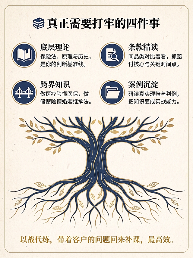 设计一张内容页，保持米白底色和纸张纹理。顶部是页面标题，下方排列四个带图标和文字的模块，分为上下两排。每个模块前放置深蓝色圆形底，内含白色极简图标，四个图标依次为书本、放大镜、桥梁、文件夹。文字内容：页面标题为“📚 真正需要打牢的四件事”，模块一：“底层理论 / 保险法、原理与历史，是你的判断基准线。”，模块二：“条款精读 / 同品类对比着看，抓赔付核心与关键时间点。”，模块三：“跨界知识 / 做医疗险懂医保，做储蓄险懂婚姻继承法。”，模块四：“案例沉淀 / 研读真实理赔与判例，把知识变成实战能力。”，底部金句：“以战代练，带着客户的问题回来补课，最高效。”。整体风格稳重专业温暖，无推销感，核心视觉隐喻扎根的大树，配色：米白浅卡其底色加深蓝藏青文字，点缀暖金色。标题用衬线字体或硬朗黑体，正文用纤细黑体或宋体，体现阅读感。图片比例3:4。