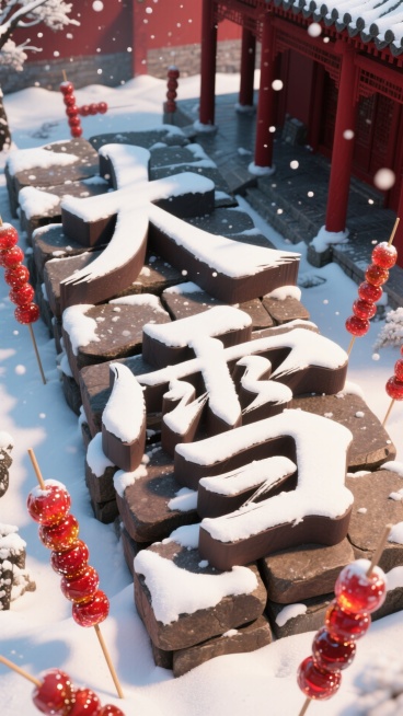俯视视角，深棕青石板堆 “大雪” 积雪毛笔字，点缀冰糖葫芦，配色深棕 + 红白，背景有深红色廊亭，活泼显雪日趣味。预览效果