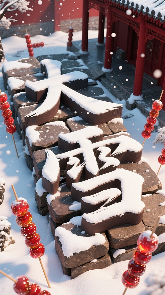 俯视视角，深棕青石板堆 “大雪” 积雪毛笔字，点缀冰糖葫芦，配色深棕 + 红白，背景有深红色廊亭，活泼显雪日趣味。