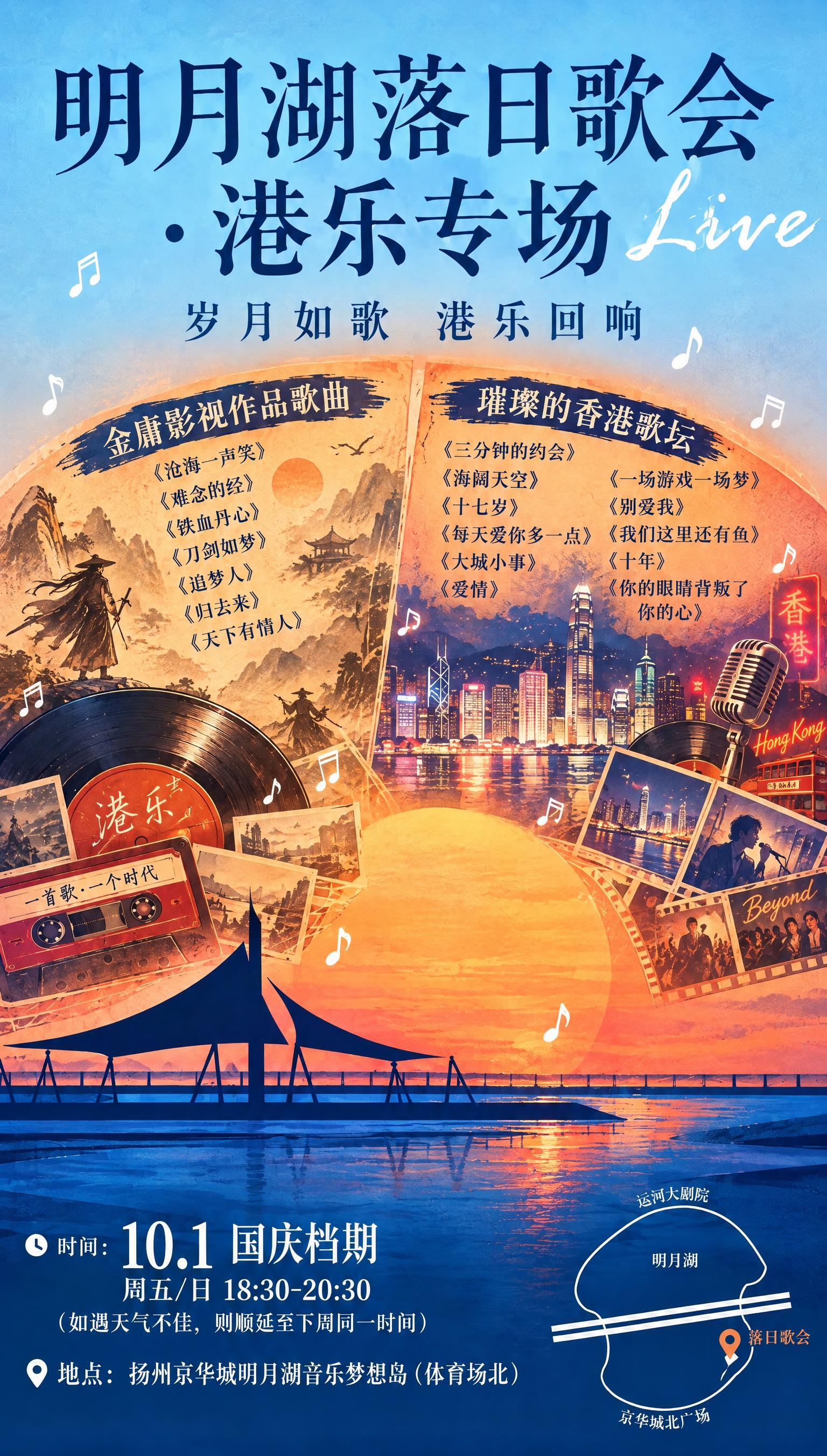 基于参考海报的落日歌会版式风格，将主题改为港乐专场，保留落日湖… - 图片创意预览