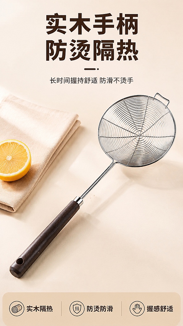 [单张主图] 不锈钢木柄漏勺捞篱电商主图，采用爆款促销感主图路线，展示产品并突出实木隔热手柄卖点，特写木柄部位。
参考比对：参考图使用左文右图的结构，顶部大标题突出手柄卖点，下方局部特写产品手柄，背景简洁干净，配色柔和温馨，文字清晰醒目。生成时保持该版式和风格，替换为当前商品，保持产品外观、物理结构、材质质感、实木手柄颜色与输入产品图一致，杜绝任何变形和色差，精细化处理木柄纹理。
[画面主体] 商品主体为不锈钢漏勺，带有深棕色实木手柄，手柄区域做放大特写，漏勺网头部分完整展示，产品主体占画面约65%，放置在画面偏右下位置，保持产品整体结构和金属网纹与原图一致，深棕色实木手柄纹理清晰可见，做重点特写突出木质材质。商品主体清晰完整，没有被文字遮挡关键部位。
[构图版式] 采用顶部大标题型，标准三段结构：顶部占约28%放主标题，中部放产品主体占约55%，底部占约17%放通栏信息条，产品完整不裁切，信息层级清晰。
[场景元素] 背景为干净柔和的浅米杏色，左侧搭配半切新鲜柠檬和米色布艺餐布做点缀，增加厨房温馨氛围感，背景简洁不抢产品主体，突出产品干净实用的特质。
[文案版式] 顶部居中大标题分两行：第一行大字“实木手柄”，第二行大字“防烫隔热”；副标题小字放在标题下方“长时间握持舒适 防滑不烫手”；底部通栏分三列展示卖点：左列“实木隔热”，中列“防烫防滑”，右列“握感舒适”，文字清晰可辨，字体加粗，与背景形成强对比，所有文字不遮挡产品主体，保留安全边距。
[光影质感] 明亮柔和的室内自然光从左侧斜射而来，主光清晰突出产品轮廓，辅光提亮产品细节，金属网面反射柔和光泽，实木手柄纹理清晰有质感，整体画面干净通透，商业高级摄影质感，背景简洁干净。
[配色字体] 主色调为浅米杏色，深棕色实木手柄自然显色，金属银色反光自然，文字使用深棕色粗体无衬线字体，深浅对比清晰，整体配色干净温馨符合厨房日用产品调性。
[比例分辨率] 9:16比例，2K分辨率，文字清晰可辨，超高清商业摄影质感。
[负向提示词] 变形，文字错乱，产品图模糊，背景杂乱，水印，电商平台Logo，错字，糊字，主体遮挡，产品结构错误，实木纹理失真。