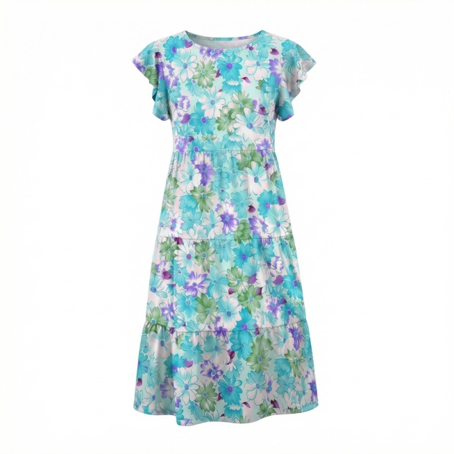 产品主体位于画面绝对正中心，垂直居中，水平居中，产品主体占据整个画面的 60%-80%，顶部空白区域与底部空白区域高度严格相等，严禁偏下，严禁贴边，严禁切图。前侧视角，微俯拍视角。保留1件蓝绿紫色碎花预览效果