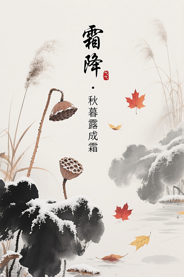 水墨风插画，工笔细腻描绘霜降时节，莲蓬覆雪，落叶纷飞，雾霭弥漫，静谧中透出古典诗意，尽显国潮美学。