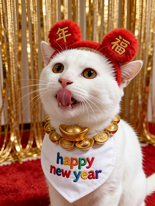 国潮风猫咪萌趣贺岁，刺绣“年福”帽与鎏金元宝项链，拟人化表情喜庆可爱，红金背景烘托中式新年氛围。