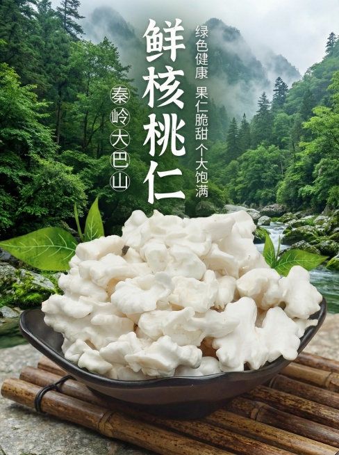 参考这张图片，生成一张类似的秦岭大巴山鲜核桃仁产品宣传图，换一个真实且风格不同的全新背景，不要和原图深棕木纹背景相似，保留排版结构、所有文案内容、绿叶装饰和黑盘盛放核桃仁的展示，核桃仁保持奶白色，整体预览效果