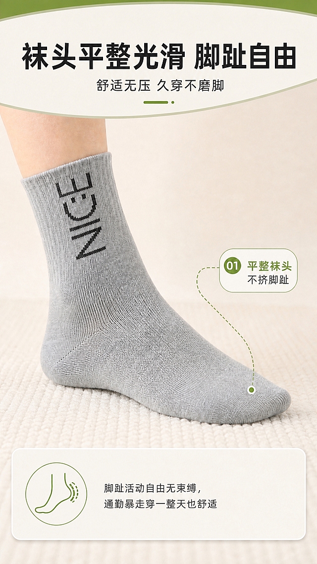删除底部白色圆角卡片中的前两行文字"人体工学袜头设计，"和"平整缝合不磨脚，"，仅保留"脚趾活动自由无束缚，"和"通勤暴走穿一整天也舒适"两行文字，左侧绿色圆形脚型图标保留。袜子的所有形状细节、针织纹理、颜色、NICE字样、质感均保持不变，其他区域（顶部标题、副标题、右侧卖点标签、虚线引导线、背景、地面）均保持原样不变。