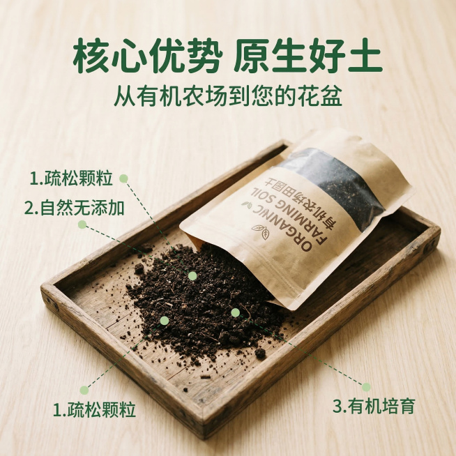 [主图主题]有机农场田园土 核心卖点展示主图
[氛围/风格]自然温馨风格，柔和自然光，真实质感
[画面元素]有机田园土打开包装袋，散落在原生木托盘上，清晰展示土壤疏松的颗粒质感，用三根极细绿色虚线分别预览效果