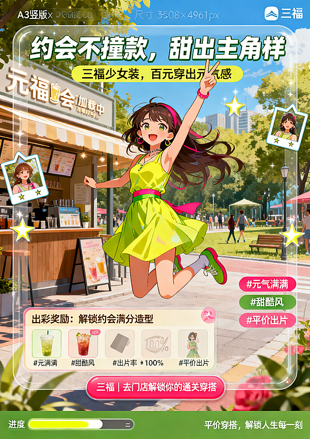 A3竖版二次元海报，尺寸3508×4961px，乙女向换装RPG游戏界面风格，半透明圆角UI外框。主题为《元气约会加载中 · 出彩》，场景是街头奶茶店公园打卡点，氛围活力甜酷青春上镜，主角是穿亮色裙装做跳跃比耶动作的二次元女生，主色调亮黄草绿玫红。上方活泼主标题“约会不撞款，甜出主角样”，副标题“三福少女装，百元穿出元气感”，四周星星拍照框闪光UI元素，下方获得称号弹窗“出彩奖励：解锁约会满分造型”，UI标签 #元气满满 #甜酷风 #出片率100% #平价出片，底部品牌按钮“三福 | 去门店解锁你的通关穿搭”，统一slogan“平价穿搭，解锁人生每一刻”，左下角进度条高亮第三格，右上角放置三福品牌logo。整体风格二次元甜酷活力，游戏化UI设计。