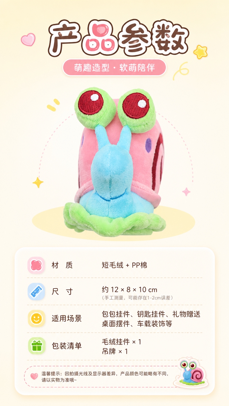 电商产品详情页规格参数图，圆角软卡片式布局。上方展示一款毛绒挂… - 图片创意预览