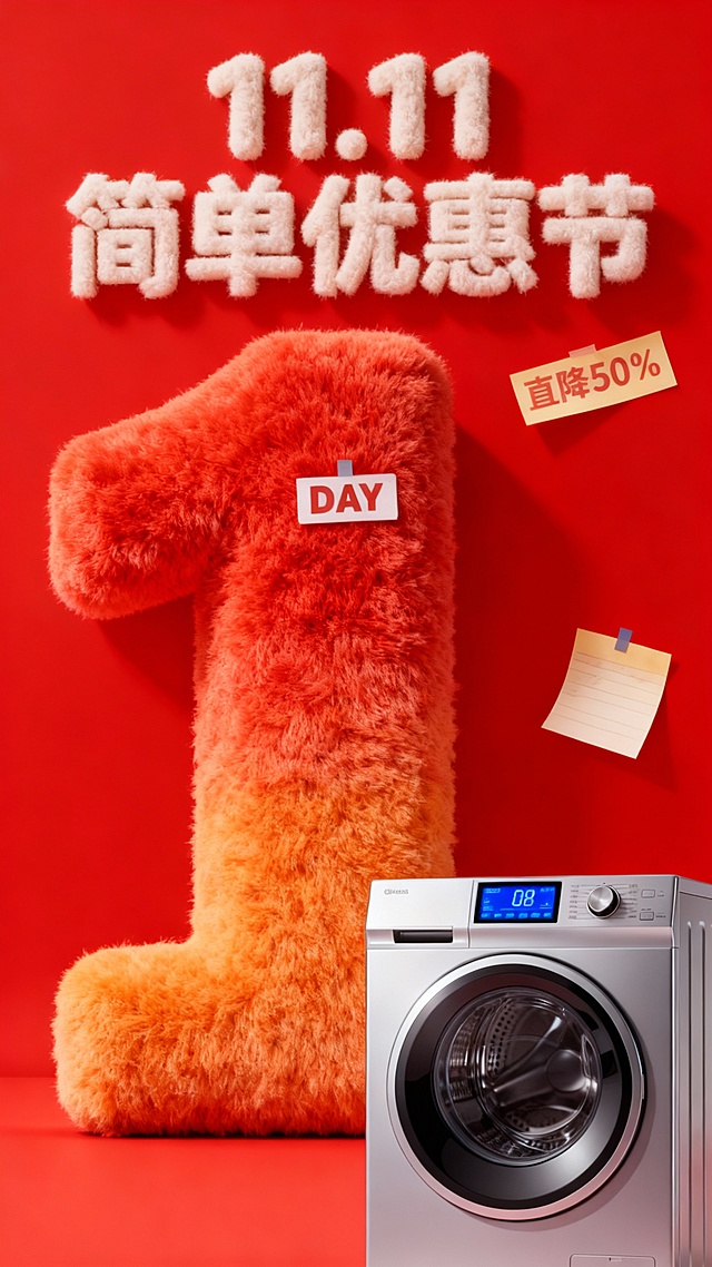 主视觉为一个红橙色渐变毛绒材质的“1” ，“DAY”标签位于数字“1”上，商品位于画面右下角，背景是高饱和红色结合便签纸元素，画面上方为毛绒主标题“11.11 简单优惠节”，“直降50%”便利贴装饰。