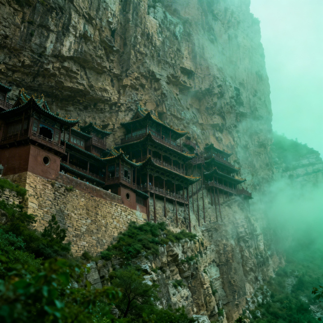 山西悬空寺历史建筑图片，悬挂于恒山峭壁之间，独特木结构空中楼阁，晨雾缭绕，自然风光与奇巧建筑结合，写实摄影风格，青绿色调，展现千年古建奇险特色预览效果