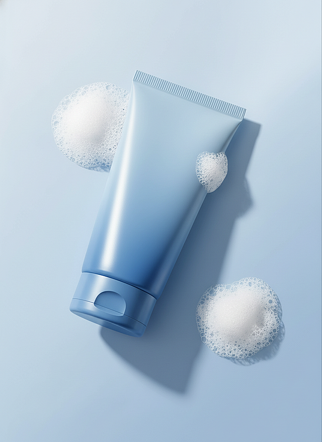 3D轻拟物风格，蓝调渐变瓶身搭配细腻泡沫，清透柔和，营造清爽舒适感，视觉洁净如晨露。