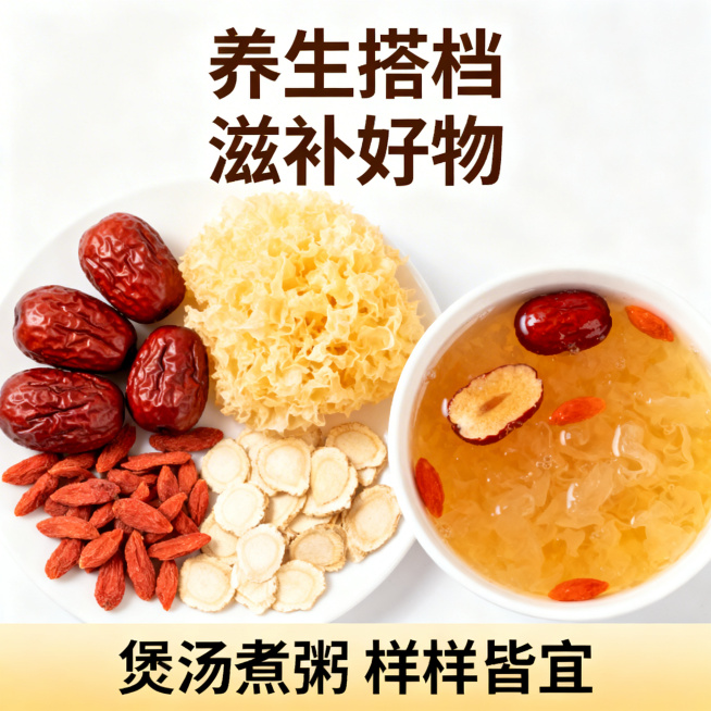 电商主图，红枣与银耳、枸杞搭配摆放，旁边是炖煮好的红枣银耳羹，背景是白色简约风，上方标注"养生搭档 滋补好物"，底部写"煲汤煮粥 样样皆宜"，突出产品食用场景与养生价值预览效果