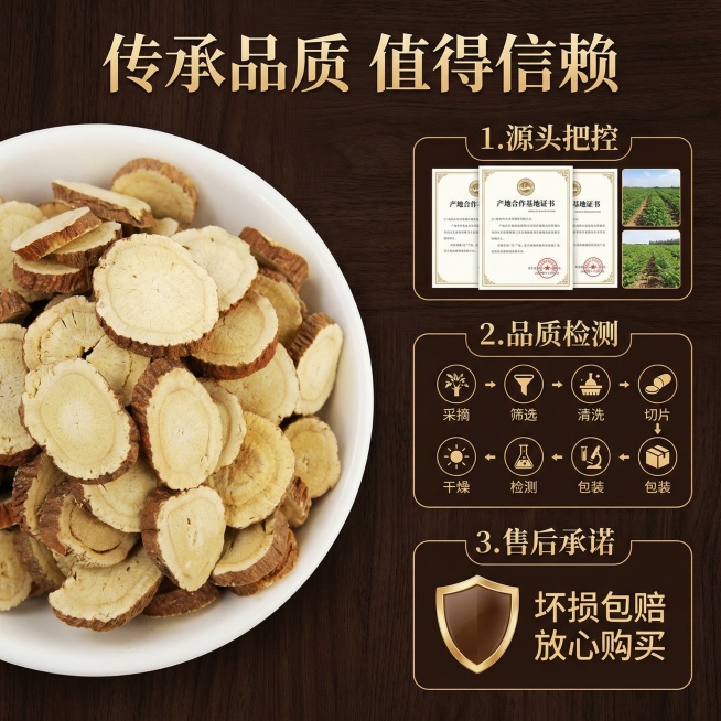 基于甘草片图片，制作全新资质保障详情图，采用深棕色木纹背景，左侧展示甘草片实物，右侧呈现三大保障：1. 源头把控：展示产地合作基地证书；2. 品质检测：呈现内部质检流程示意图；3. 售后承诺：标注“坏预览效果
