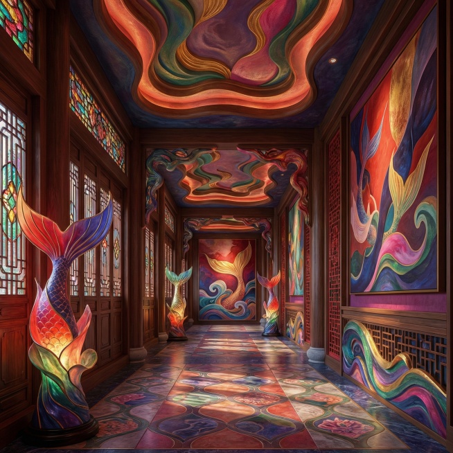 东方奇幻景观长廊构筑，现代艺术抽象化鲛人的特征元素，艳丽的中式配色的色彩，将鲛人特征元简化抽象艺术化融入到灯具，装饰画，纹理符号，装饰吊顶，地面，墙面格栅，生成不同的场景，生成4张预览效果
