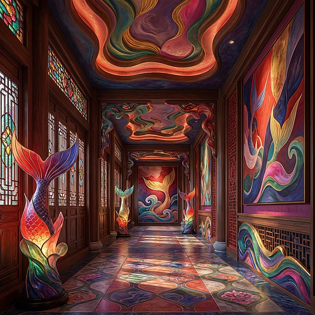 东方奇幻景观长廊构筑，现代艺术抽象化鲛人的特征元素，艳丽的中式配色的色彩，将鲛人特征元简化抽象艺术化融入到灯具，装饰画，纹理符号，装饰吊顶，地面，墙面格栅，生成不同的场景，生成4张