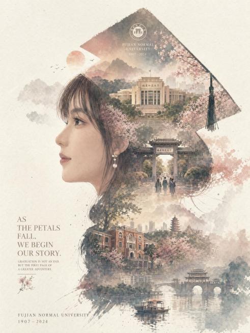 根据提供的人物肖像生成一张福建师范大学毕业主题收藏版史诗叙事海报，巨大的人物侧脸剪影作为外轮廓，保持人物五官比例和上传照片一致，剪影内部生长出契合福建师范大学毕业主题的完整世界观，包含福建师范大学标志预览效果