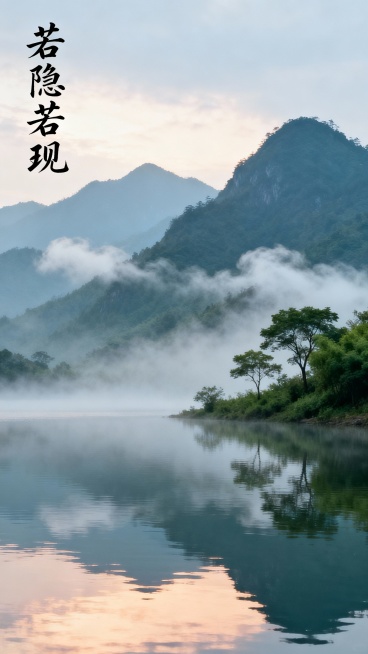 古风优美干净的描写"若隐若现"的山水画，实景，电影感，左上角加上“若隐若现”行书毛笔字预览效果
