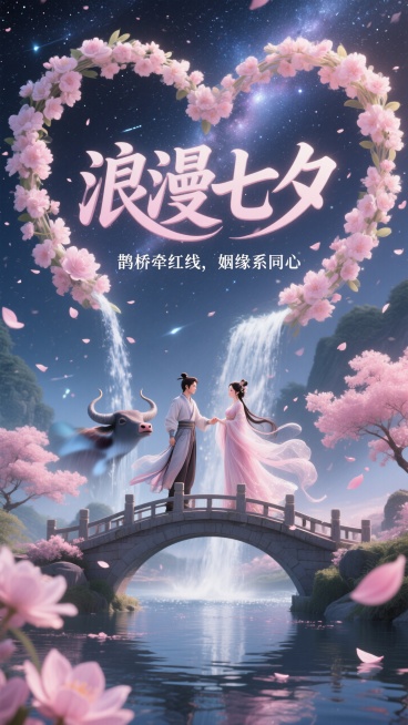 梦幻风格，电影级，夜空星河飞流而下，河上坐落着牛郎（英俊男）织女（温柔美丽女），缥缈仙衣，鹊桥相会的鹊桥，粉色花瓣飘落。梦幻花环字，大标题写着“浪漫七夕”副标题：“鹊桥牵红线，姻缘系同心”超高清。预览效果