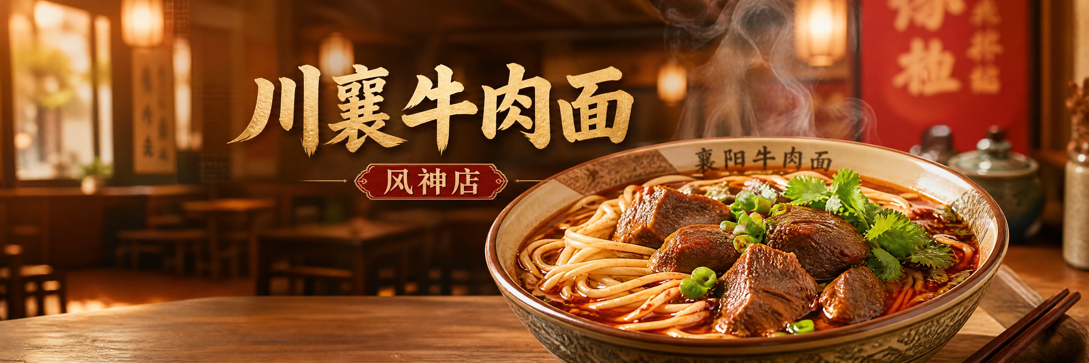 写实商业摄影风格，川襄牛肉面(风神店)品牌宣传海报。超宽横版构… - 图片创意预览