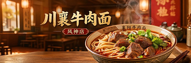 写实商业摄影风格，川襄牛肉面(风神店)品牌宣传海报。超宽横版构图，画面主体是一碗诱人的襄阳牛肉面特写写真，牛肉块大肉厚，红油汤色鲜亮，面条劲道爽滑，葱花和香菜点缀其间，热气腾腾的蒸汽缭绕上升。画面中央偏上位置是醒目的品牌名"川襄牛肉面"，字体大气有质感，下方标注"风神店"。背景是温暖的中式面馆场景虚化处理，木质桌椅、暖黄灯光，营造温馨的用餐氛围。整体色调以暖红、金黄、木色为主，食欲感强。没有优惠字眼，没有地址电话，没有二维码。版式精美，超宽幅布局，左右留白舒适，品牌主视觉突出。超高清，美食写真质感，细节丰富。