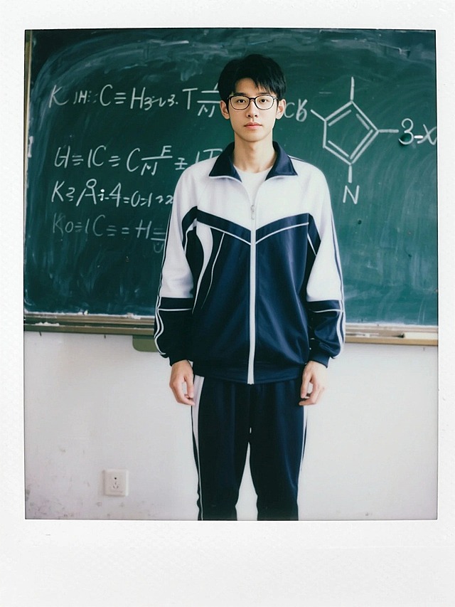 一个男生穿着运动校服，背景教室黑板，黑板上有化学公式，拍立得边框