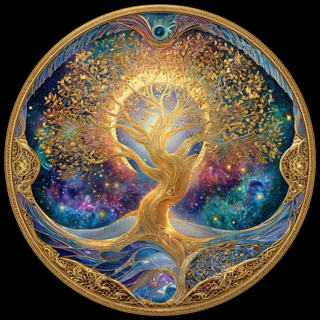 A vibrant, circular illustration, depicting a stylized Tree of Life, center frame, its golden branch预览效果