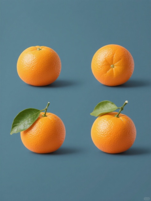 一张纯色背景的图片，上面有四个规整排布的橘子素材，每个橘子都具有不同的造型样式。橘子呈现出高度写实的风格，橙黄色的果皮表面有着清晰的纹理和自然的光泽，每个橘子都带有一片翠绿的叶子，叶子的叶脉和边缘细节清晰可见，整体画面简洁干净，没有任何文字、logo和水印。预览效果