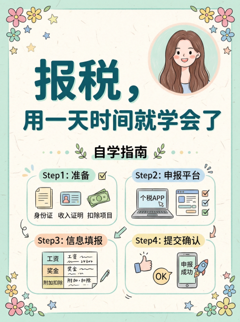 清新简约扁平化设计，马卡龙柔和配色，手绘笔记风竖版大字报。背景带有轻微纸张纹理，右上角放置参考图中的卡通长发女孩头像，画面四个角落点缀手绘风格的小花朵和星星。大标题为加粗醒目的无衬线字体文字“报税，用预览效果