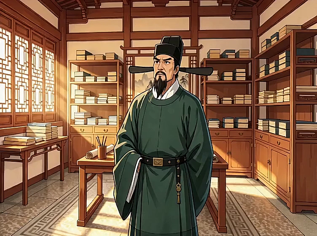 古典中式书房，工笔动漫风，光影交错，静谧文艺，人物凝神肃立，细节精致。