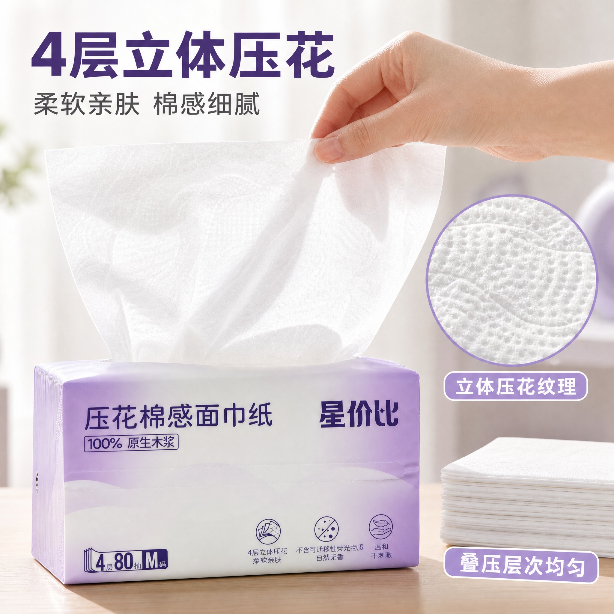 [主图-2] 压花棉感面巾纸 核心亮点证据图，唯一任务：证明“… - 图片创意预览
