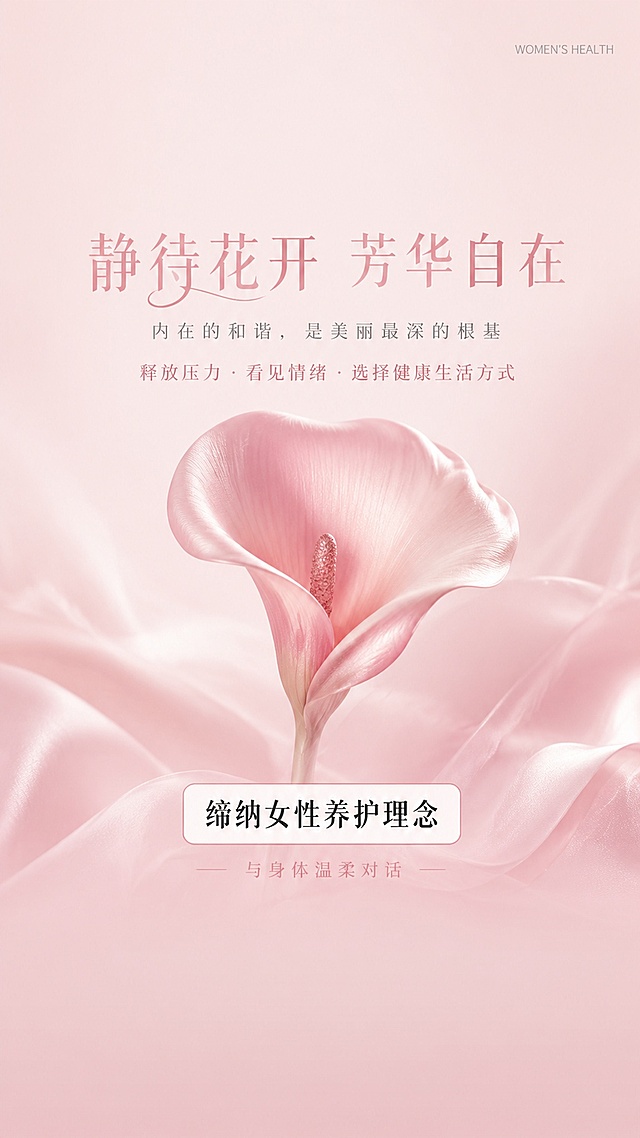 高端女性私密养护美学竖版商业海报，低饱和柔雾裸粉色渐变背景，铺有轻薄半透流动丝绸柔纱肌理，画面干净通透无多余水印底纹；画面视觉中心是立体3D绸缎质感粉色马蹄莲花，丝缎面料细腻柔和光泽，曲面温润通透，光影柔和，造型优雅治愈；整体莫兰迪柔粉色系，极简轻奢温柔女性氛围感，8K超高清，细腻渲染，柔和漫射柔光，无生硬阴影，材质顺滑无噪点；
画面顶部预留大面积干净柔和空白区域，底色与整体裸粉色渐变自然融合，无图案、无文字，专门用于放置品牌LOGO；
画面底部预留平整柔和空白区域，底色与整体粉调肌理无缝衔接，无杂乱装饰，专门用于放置二维码；
中间主体区域文字分层规整排版，不遮挡中心花朵主体，且不占用顶部、底部预留空白位：文字层级分明，字号大小梯度拉开视觉层次，全部文字居中对齐；顶部10%高度完整柔和空白区（无文字图案，预留品牌LOGO位），底部20%高度无缝融合粉调空白区（无文字装饰，预留二维码）；
最大字号柔粉色艺术字体"静待花开 芳华自在"作为视觉主标题，字间距宽松；下方浅灰纤细小字副标题"内在的和谐，是美丽最深的根基"；中间浅玫瑰色分隔短句"释放压力 · 看见情绪 · 选择健康生活方式"，圆点轻柔分隔；画面中下位置放置玫红细圆角白底框，框内加粗醒目黑色大字"缔纳女性养护理念"，画面视觉信息锚点；框下方最小纤细浅粉色slogan"与身体温柔对话"；右上角极小浅灰细体英文"WOMEN'S HEALTH"；
所有文字行间距宽松舒适，不遮挡中心马蹄莲主体，不侵占顶部LOGO、底部二维码预留空白，文字色彩区分主次，低饱和柔和配色，无杂乱堆砌文字，画面透气高级；
全程只表达女性身心养护、健康生活美学，无医疗诊疗相关内容，合规柔和高级，上下留白过渡自然协调，整体画面平衡舒适，负面提示：医疗元素、医疗器械、病症、妇科、治疗、药品、写实人体器官、血腥、刺眼高饱和色彩、杂乱水印logo、网格底纹、模糊、低分辨率、颗粒噪点、扭曲变形、暗角、多余杂物、男性元素、尖锐线条、文字侵占顶部LOGO预留区、文字侵占底部二维码预留区、上下留白区域出现花纹图案、违规医疗宣传文案