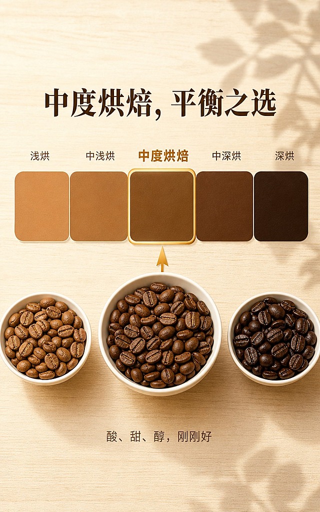 [商品] 本屏为烘焙度专张，只讲烘焙度，不出现风味食材、不重复参数表、不出现产品袋。
[画面] 目标：烘焙色卡，解释中度烘焙意味着什么。构图：浅米色原木桌面俯视，右侧柔和叶影。主体：横向5段烘焙色卡一字排开——浅烘→中浅烘→中度烘焙→中深烘→深烘，每段色卡为对应烘焙度的咖啡豆颜色实色块；中度烘焙那一段用琥珀金高亮框+箭头标注突出。色卡下方三只小碗横向排列，分别装浅烘豆、中度烘焙豆（居中放大）、深烘豆，碗中咖啡豆均为S形中线排列。阅读动线：顶部主标题→中部五色卡→下方三碗豆对比→底部小字说明。
[视觉] 套系策略：风格=温暖治愈精品咖啡商业摄影，浅米色原木质感；标题字=思源宋体粗体；正文字=思源黑体常规；主色=浅米杏；背景延展=基于浅米杏做原木桌面纹理深浅层级、同色系柔和渐变；强调色=琥珀金，仅用于中度烘焙高亮框、箭头标注、小面积高光；标题色=深咖色；正文色=中咖色；组件=圆角色卡条、白色小碗、琥珀金高亮框；光影=左前侧暖柔光，右侧叶影自然投射。
[文字] 顶部居中主文案："中度烘焙，平衡之选"（思源宋体·深咖）。色卡下方小字说明："酸、甜、醇，刚刚好"（思源黑体·中咖）。五色卡上方可标注对应烘焙度名称（浅烘/中浅烘/中度烘焙/中深烘/深烘），中度烘焙文字加粗高亮。所有文字横向排版。
[规格] 图片比例9:16竖版（750×1200px），4K分辨率。负向提示：避免出现风味食材、参数表、产品包装袋、生豆、文字过小、冷蓝/蓝灰背景、牛皮纸、错字。