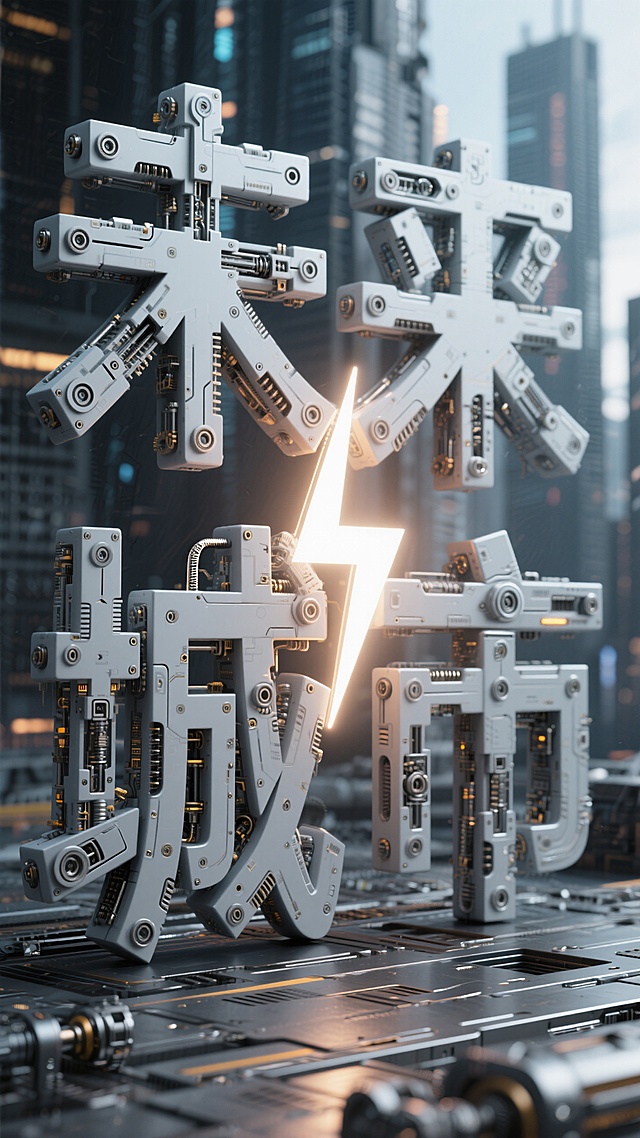 机械字体设计，“未来城市”，艺术字体，每个笔画由精致的机械零部件组式，颜色灰色，中间画上大闪电的形状，浮雕发光。背景未来城市，深景虚化。