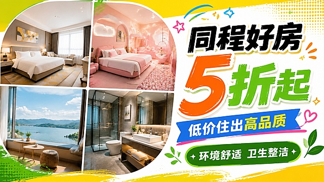 请帮我制作出四张不同主题风格的四宫格酒店的信息流海报，[文字]创意字体[文字]创意字体 主标题“同程好房5折起”副标题“低价住出高品质”标签小标题“环境舒适卫生整洁”（文字放在画面中右边）（大师级别的艺术活泼字体）（字体完整）[参数]超高清8K，分辨率高，充满活力，8k，色彩明快，非常适合电商视觉效果。比例 「16:9」，剪贴蒙版的排版，比例 16:9