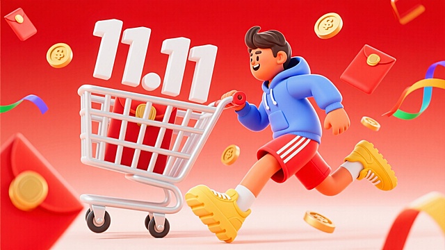 男生推着购物车（购物车正面印着清晰的数字”11.11“）奔跑，周围漂浮着金币、购物红包、彩带，干净的红色背景