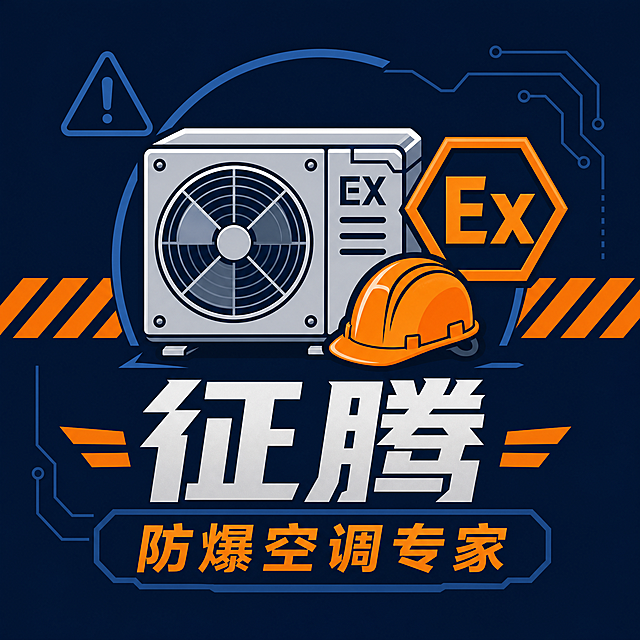 设计微信头像，1:1正方形，蓝灰橙色系硬朗工业风，背景为纯色深蓝底搭配安全标识，包含核心元素空调图标、防爆EX标识、安全帽，带有文字“征腾”和“防爆空调专家”，体现安全可靠的技术感