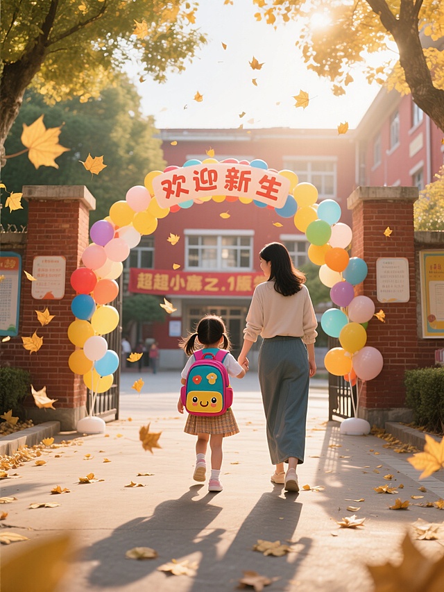 秋日校门口的小小背影。
一位可爱的小女孩牵着妈妈的手，第一次走进小学，背着彩色卡通儿童书包，金色的秋叶缓缓飘落，校门口有气球拱门和“欢迎新生”横幅，温暖的晨光照在脸上，背景是红砖教学楼和绿树，温馨感人的开学场景，写实风格，3:4竖版构图