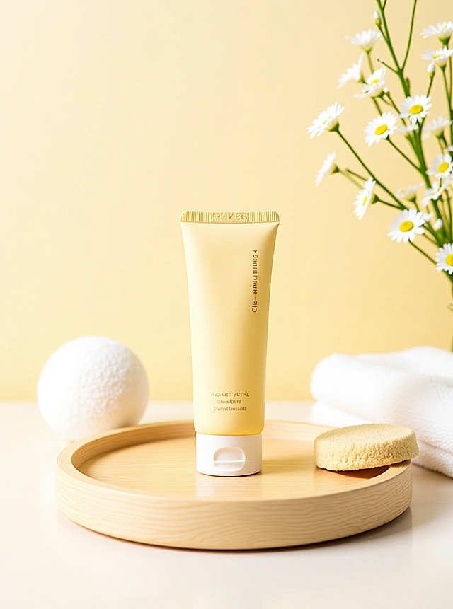 产品放置在浅木色托盘上。背景为柔和浅黄色，搭配白色毛巾、沐浴球，以及白黄色小花枝条，营造出自然、舒缓的氛围，突出产品的温和与纯净质感。
