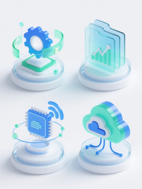 一组4个完全不同的科技图标元素系列素材集合，保持统一的2.5D等距立体风格，采用蓝绿色渐变主色调，搭配半透明玻璃质感和柔和阴影效果，每个图标均放置在双层圆形底座上，周围环绕着几何线条、光点和动态光晕等预览效果