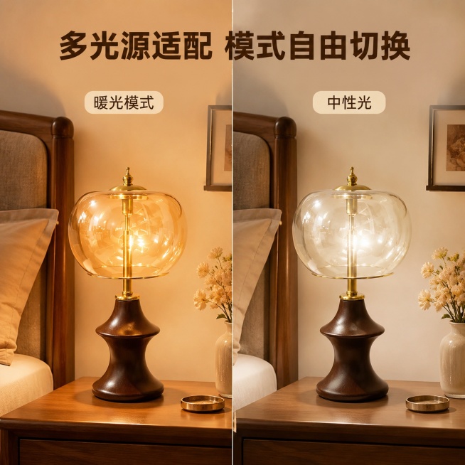 [主图-3] 葫芦琉璃灯多光源切换功能展示图
[氛围风格] 直观对比，功能清晰；
[画质] 商业摄影质感、光线柔和通透、产品清晰真实、画面干净高级。
[元素] 同一机位下左右分屏对比展示，左图暖光模式预览效果