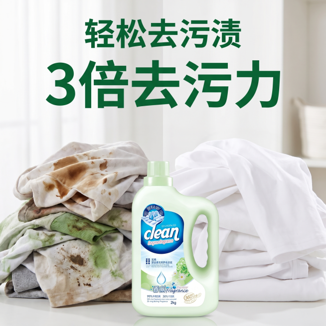 [主图 2] 汉熙清新洁净香水洗衣液核心去污功效展示，保持洗衣液产品外观（物理结构、材质质感、颜色）与输入产品图绝对一致，杜绝任何变形和色差。主图展示使用场景效果：左侧为带有明显污渍的脏衣物，右侧为洗预览效果