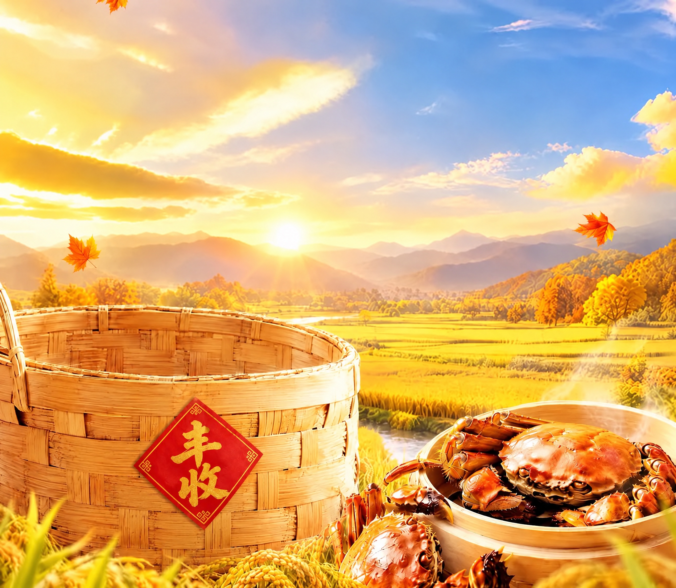局部编辑：将贴在竹篮上的红色菱形「丰收」贴纸整体等比缩小，尺寸… - 图片创意预览