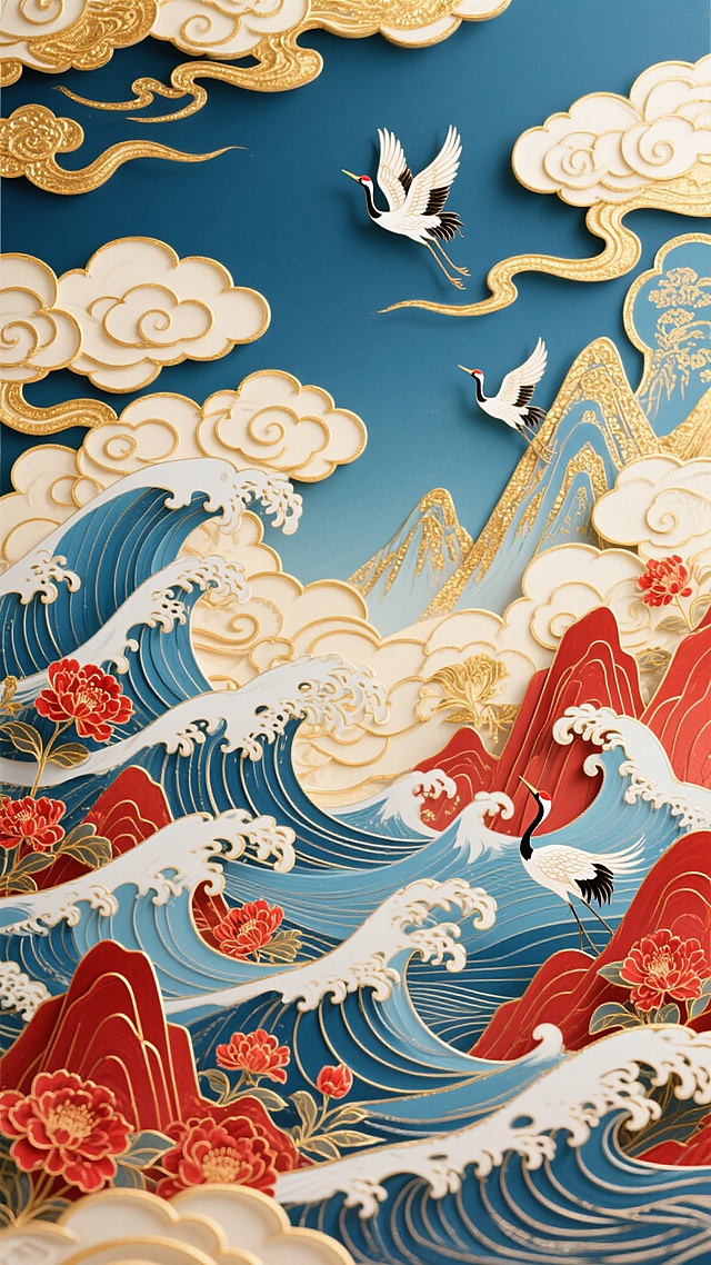 国潮风格背景插画，以中国传统祥云、海浪、山川为主要元素，采用蓝、金、红、米白为主色调，色彩浓郁和谐，运用细腻流畅的金线勾勒轮廓，呈现出华丽的浮雕质感和层次感。画面中，形态各异的祥云飘逸灵动，蓝色与金色的海浪波涛汹涌，红色的山川点缀其间，山间有红色花朵绽放，几只仙鹤和飞鸟自由翱翔，整体构图饱满，充满动感与祥瑞之气，光影柔和，营造出庄重典雅又富有生机的东方美学意境。