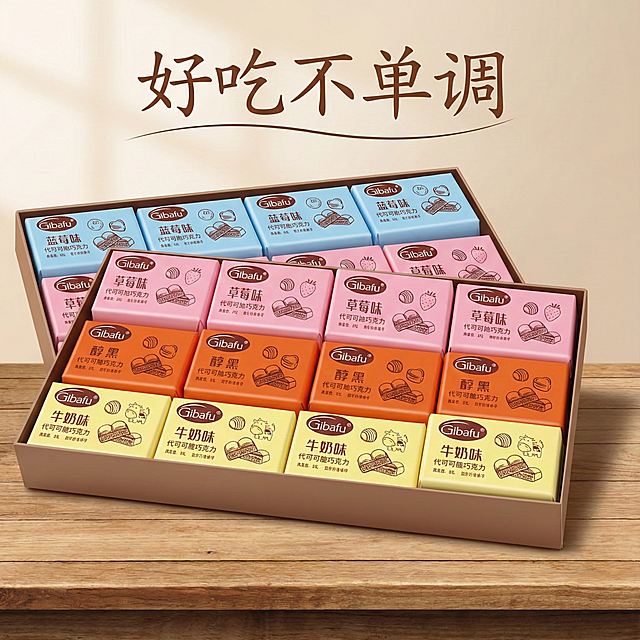 图片中的产品是巧克力，我在拼多多卖这款产品请以我给您的产品为原型帮我生成20张电商主图。
要求：
1.可以把巧克力放在盒子里，一盒是30块。
2.文案要求：四种口味，多样选择，纵享丝滑，浓醇可可，颜值c位，锁住美味，好吃不单调。